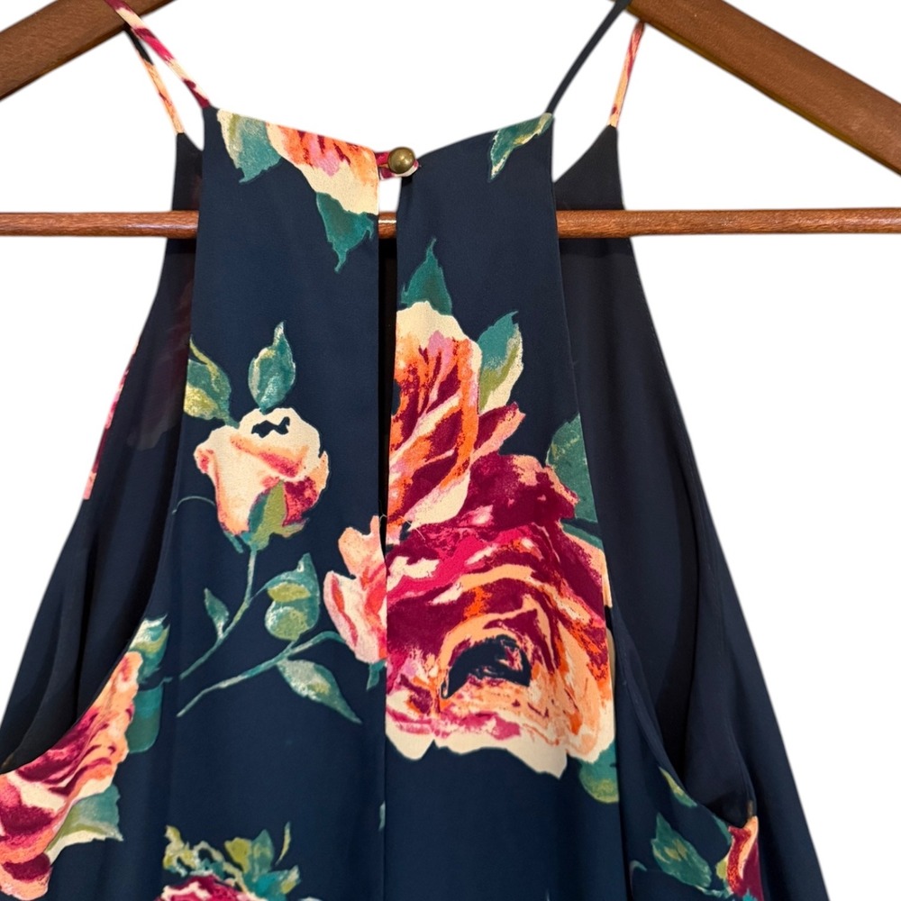 Everly Navy Blue Floral Halter Mini Dress Sleeveless Rose Print Sz Small Garden - Picture 4 of 7